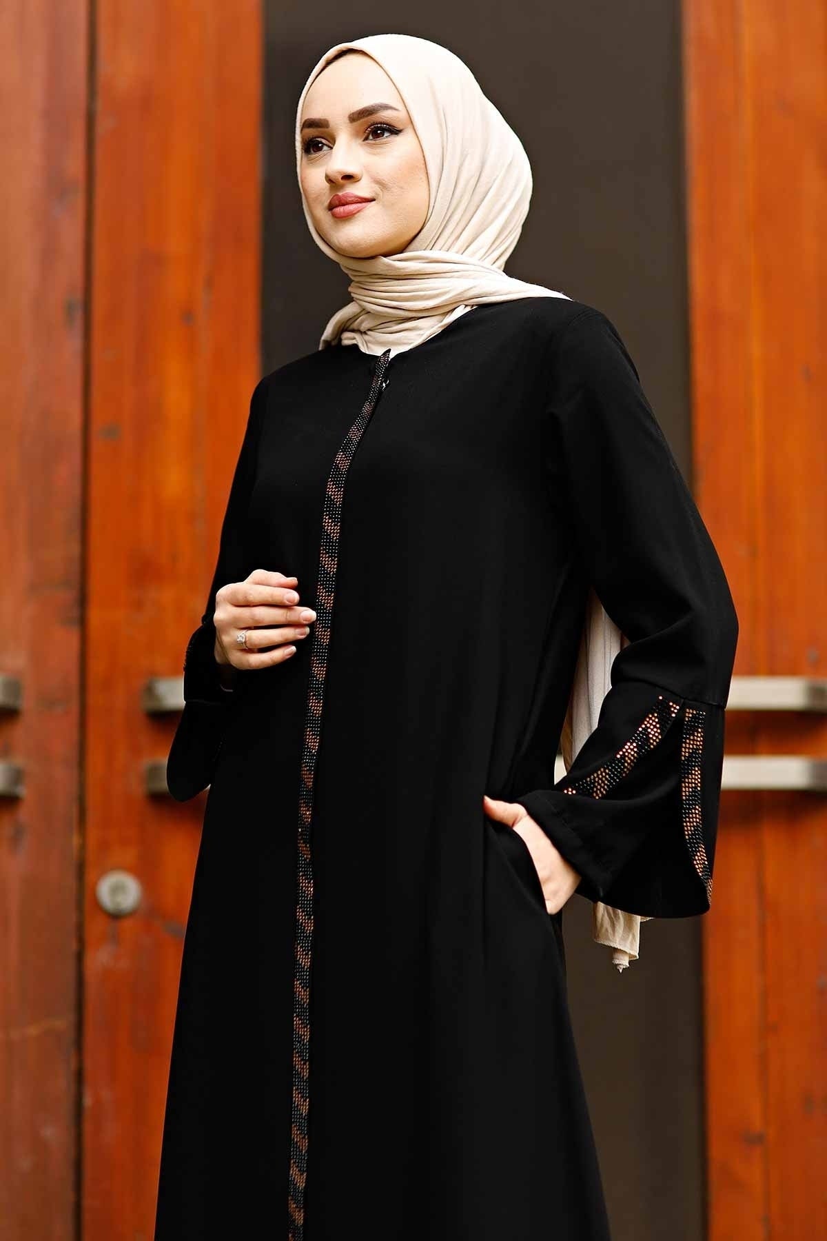 Black Rhinestone Trim Open Abaya with Bell Sleeves – Turkish Modest Abaya