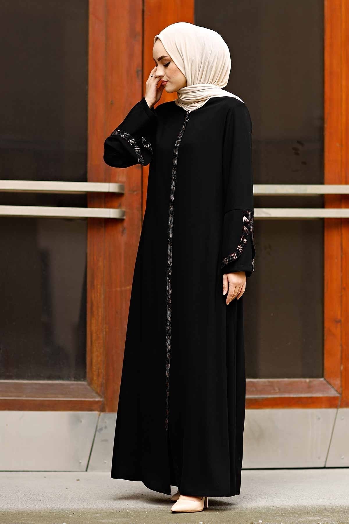 Black Rhinestone Trim Open Abaya with Bell Sleeves – Turkish Modest Abaya