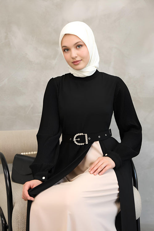 Black Two-Tone Asymmetrical Belted Maxi Dress – Modest Maxi Dress