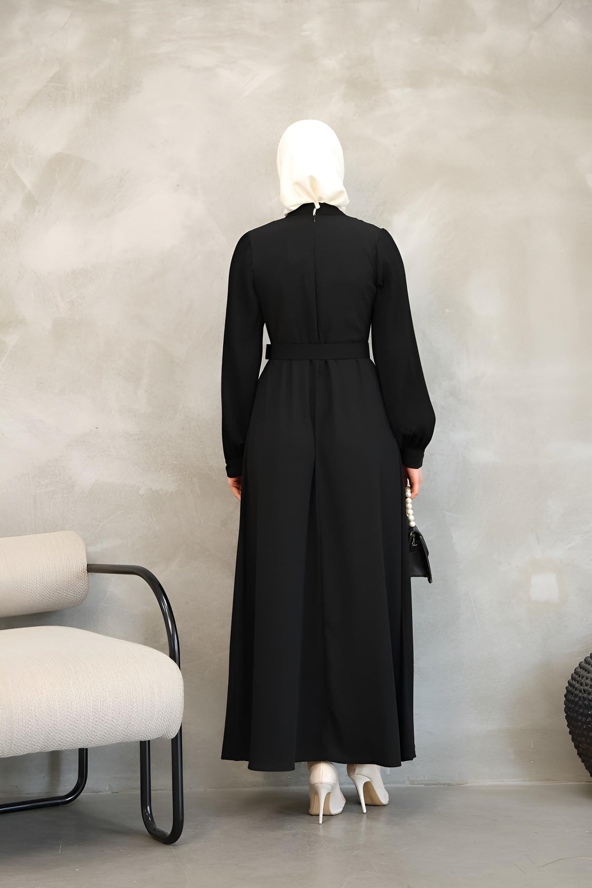Black Two-Tone Asymmetrical Belted Maxi Dress – Modest Maxi Dress